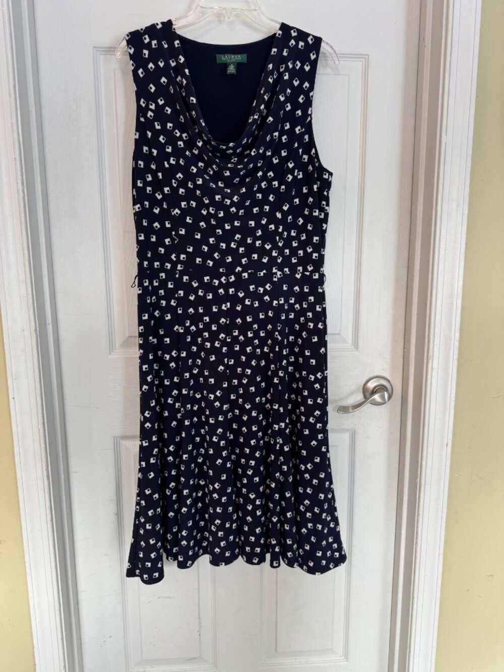 Lauren Ralph Lauren Navy Sleeveless Dress Jersey Knit Stretch Cowl Neck 12